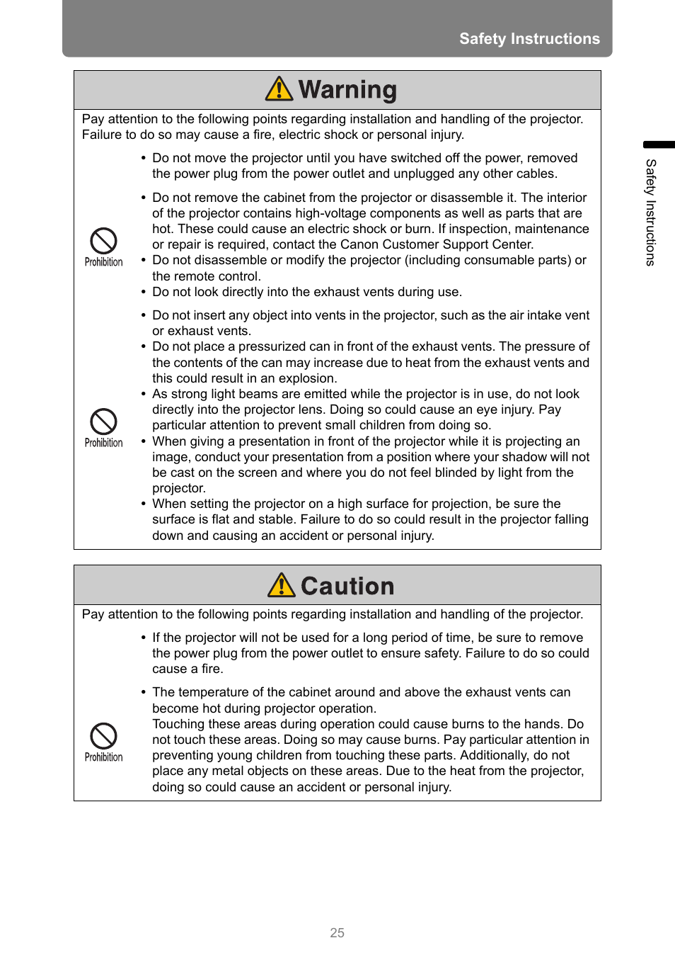 Safety instructions | Canon XEED WUX450 User Manual | Page 25 / 308