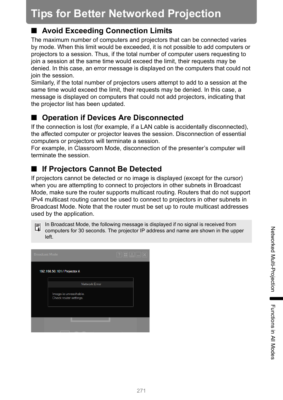 Tips for better networked projection, Avoid exceeding connection limits, Operation if devices are disconnected | If projectors cannot be detected | Canon XEED WUX450 User Manual | Page 271 / 308