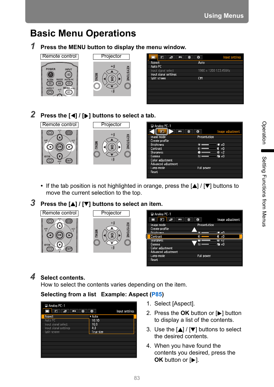 Basic menu operations | Canon XEED WUX450 User Manual | Page 83 / 308