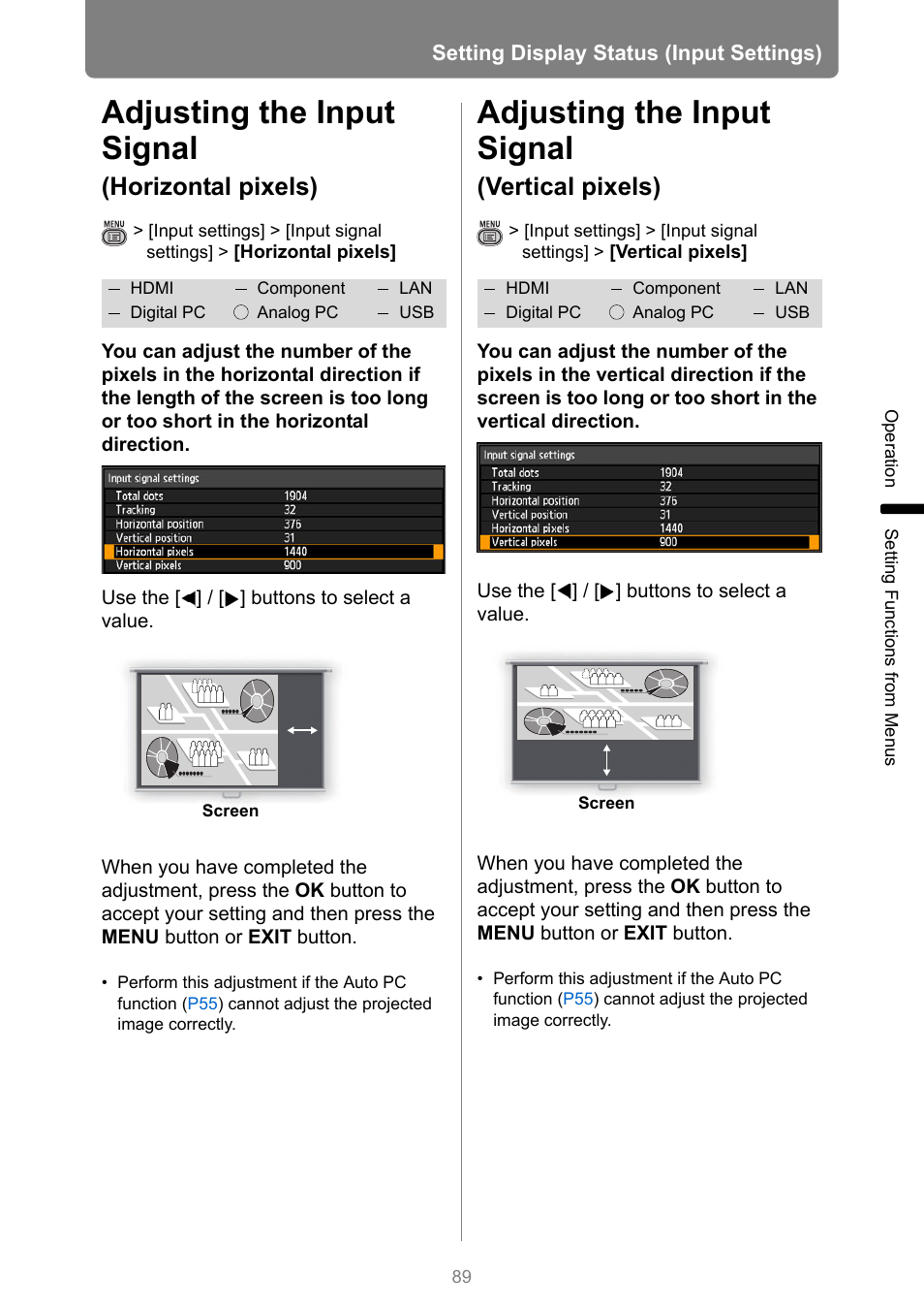 Adjusting the input signal (horizontal pixels), Adjusting the input signal (vertical pixels), Adjusting the input signal | Horizontal pixels), Vertical pixels) | Canon XEED WUX450 User Manual | Page 89 / 308