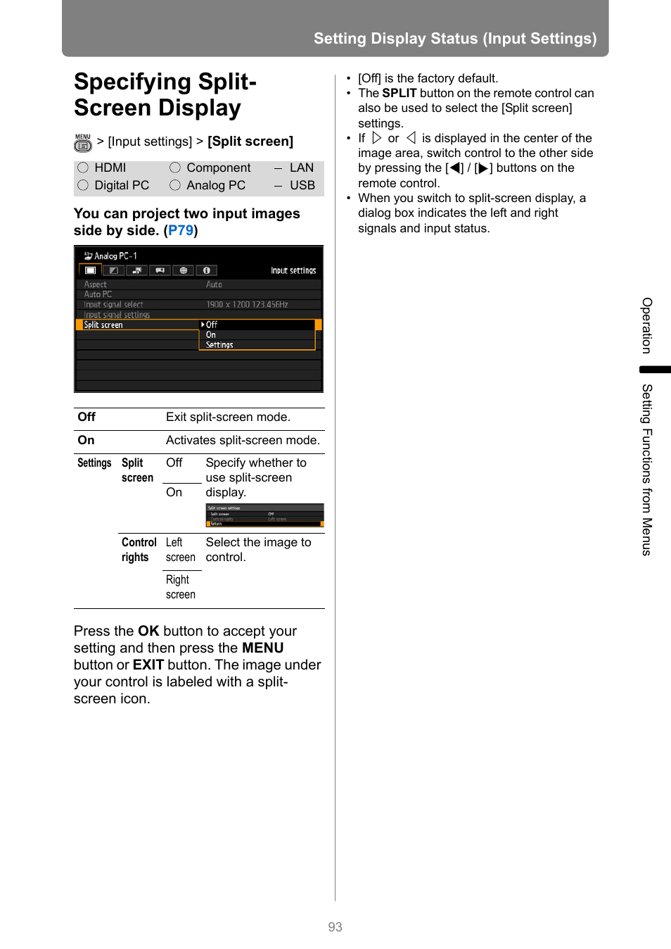 Specifying split- screen display, Specifying split-screen display, Settings] menu | Setting display status (input settings) | Canon XEED WUX450 User Manual | Page 93 / 308
