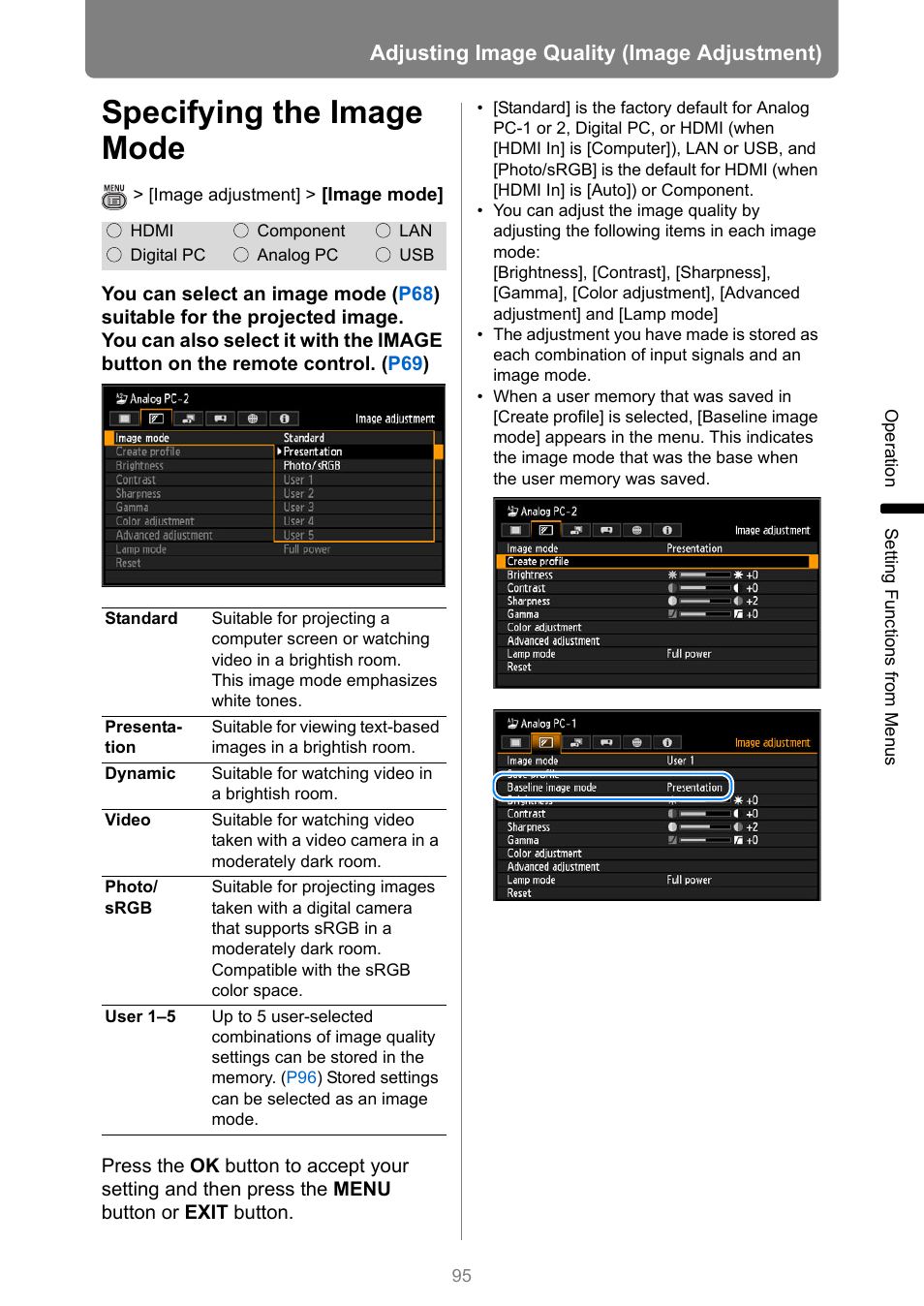 Specifying the image mode, Adjusting image quality (image adjustment) | Canon XEED WUX450 User Manual | Page 95 / 308