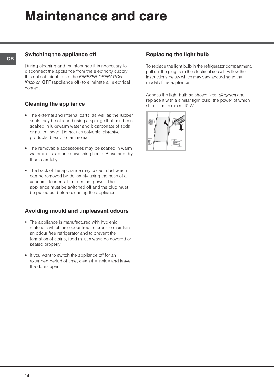 Maintenance and care | Hotpoint Ariston Doppia Porta NMTM 1927 FW-HA User Manual | Page 14 / 40
