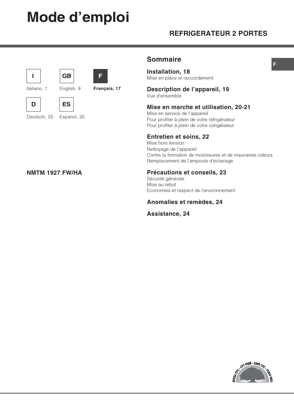 Mode demploi, Refrigerateur 2 portes, Sommaire | Hotpoint Ariston Doppia Porta NMTM 1927 FW-HA User Manual | Page 17 / 40