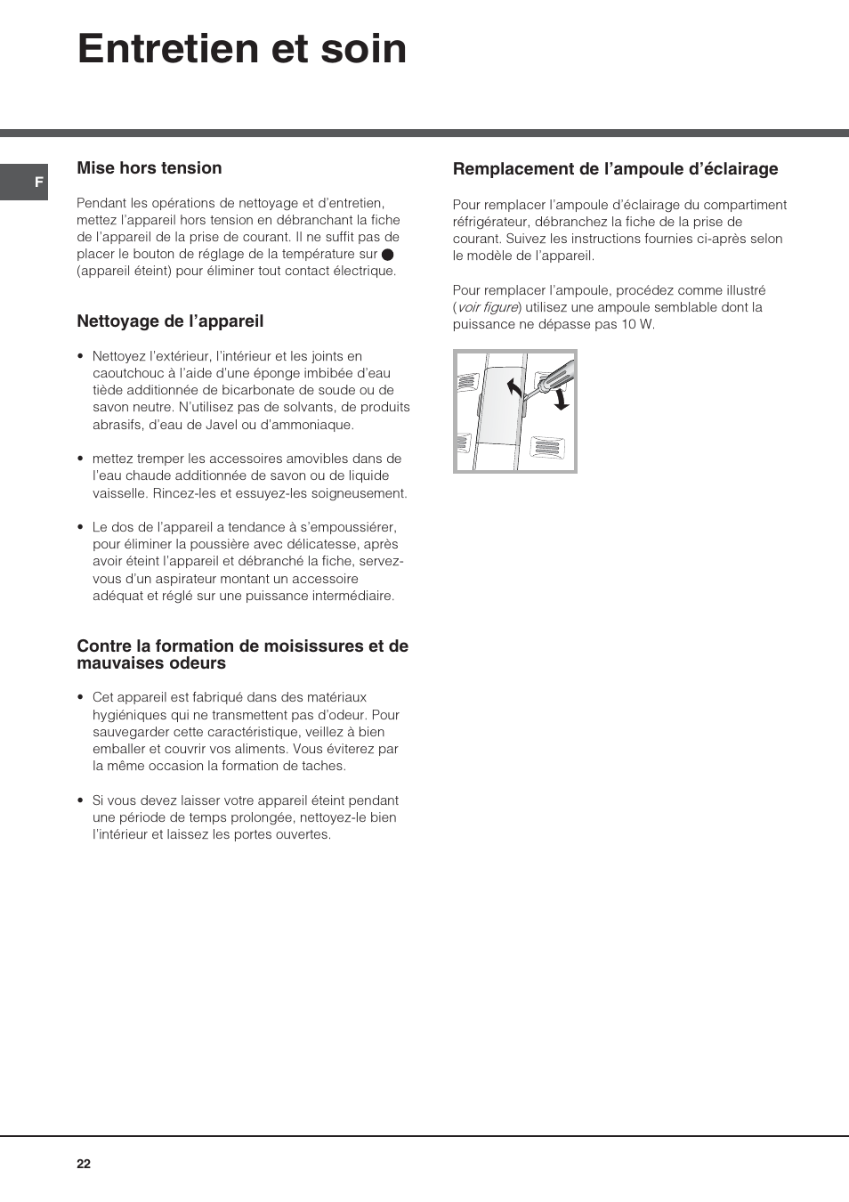 Entretien et soin | Hotpoint Ariston Doppia Porta NMTM 1927 FW-HA User Manual | Page 22 / 40