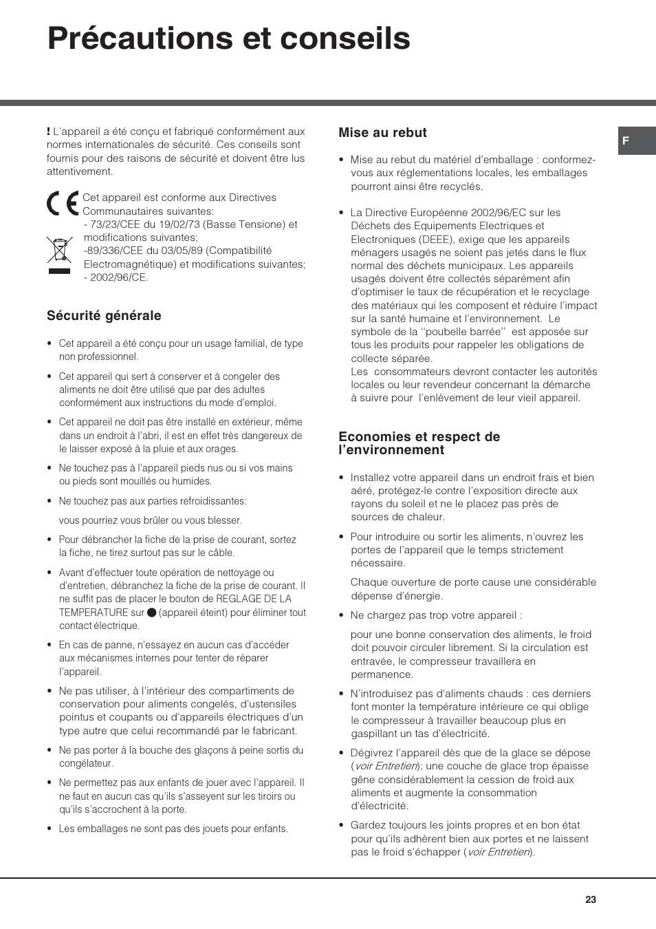 Précautions et conseils, Sécurité générale, Mise au rebut | Economies et respect de lenvironnement | Hotpoint Ariston Doppia Porta NMTM 1927 FW-HA User Manual | Page 23 / 40