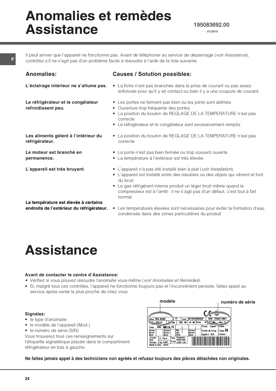 Anomalies et remèdes assistance, Assistance | Hotpoint Ariston Doppia Porta NMTM 1927 FW-HA User Manual | Page 24 / 40