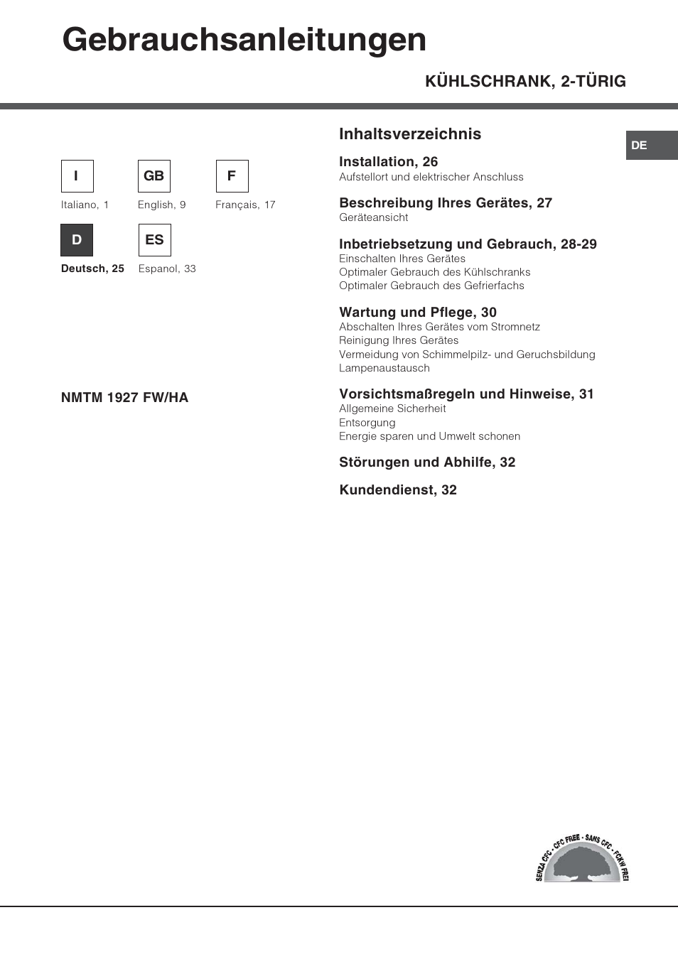 Gebrauchsanleitungen, Kühlschrank, 2-türig inhaltsverzeichnis | Hotpoint Ariston Doppia Porta NMTM 1927 FW-HA User Manual | Page 25 / 40
