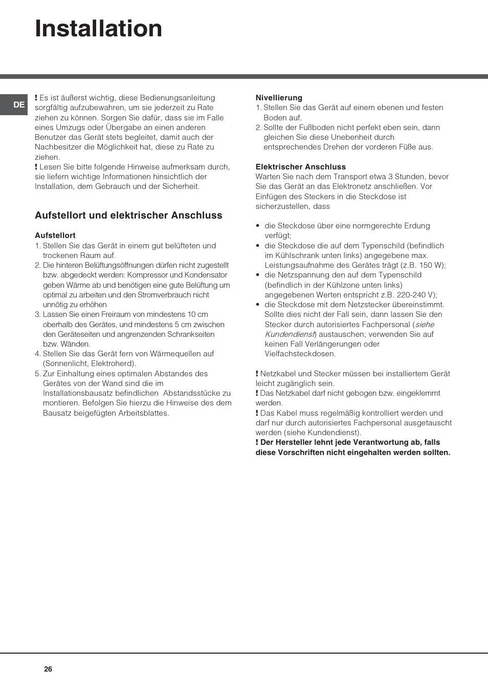 Installation, Aufstellort und elektrischer anschluss | Hotpoint Ariston Doppia Porta NMTM 1927 FW-HA User Manual | Page 26 / 40