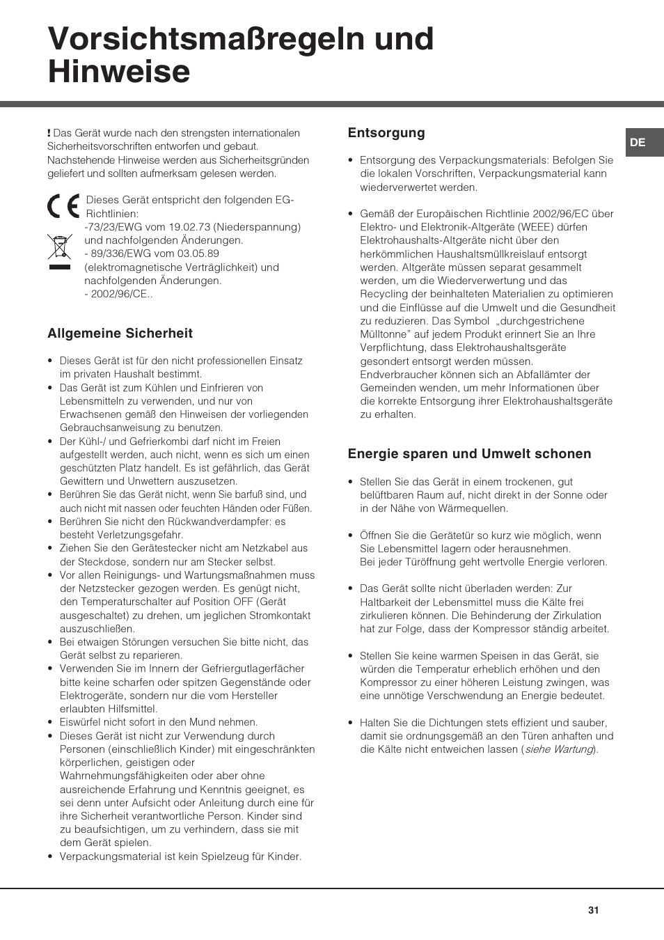 Vorsichtsmaßregeln und hinweise | Hotpoint Ariston Doppia Porta NMTM 1927 FW-HA User Manual | Page 31 / 40