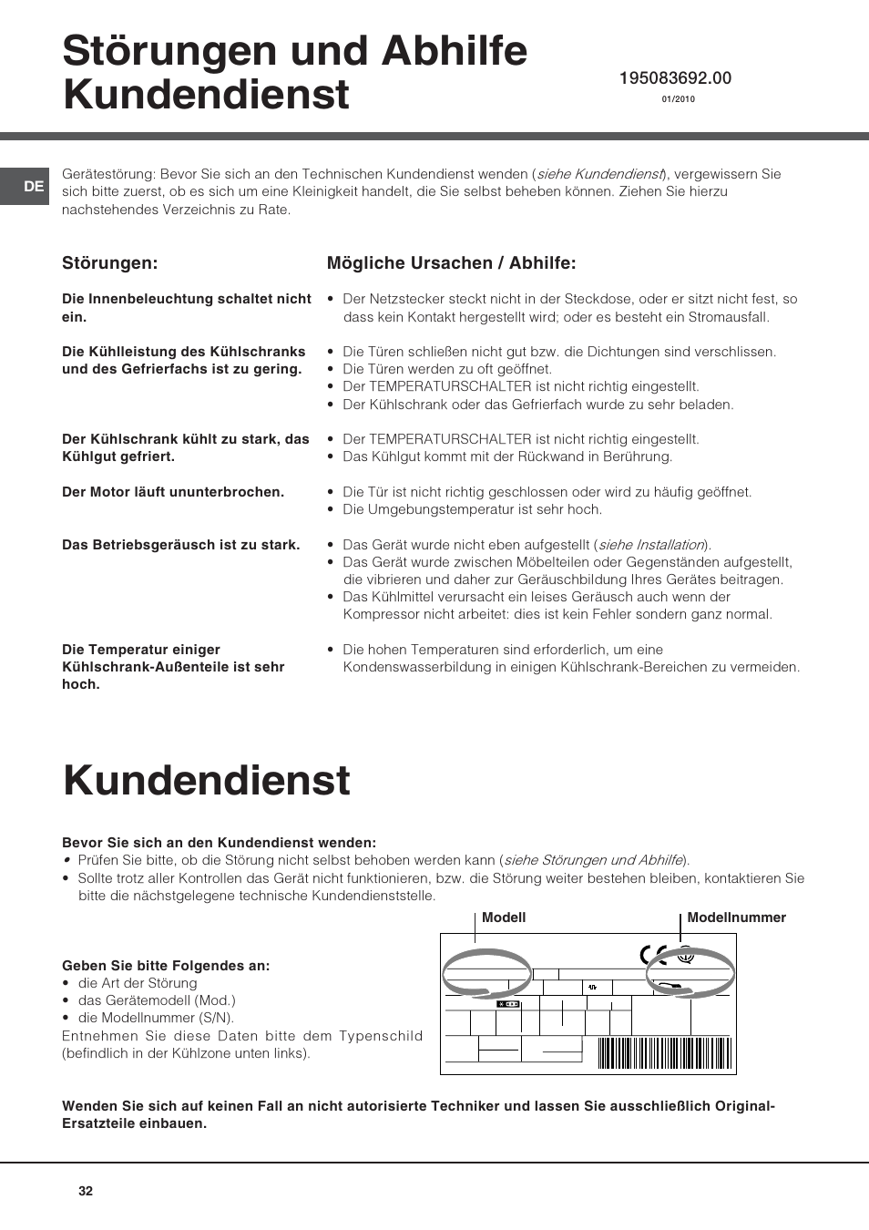 Kundendienst, Störungen und abhilfe, Störungen | Mögliche ursachen / abhilfe | Hotpoint Ariston Doppia Porta NMTM 1927 FW-HA User Manual | Page 32 / 40