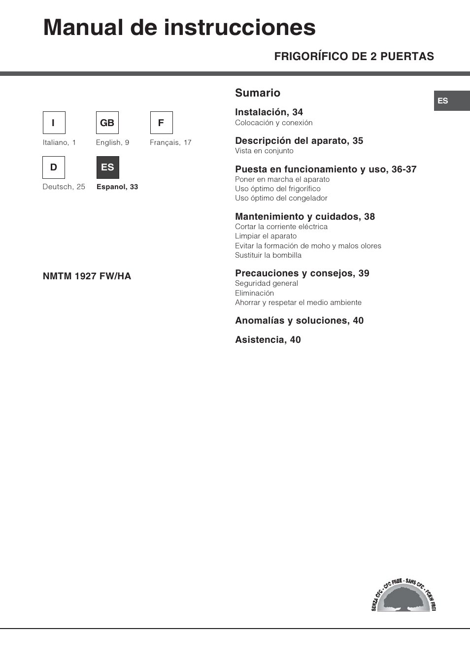 Manual de instrucciones, Frigorífico de 2 puertas sumario | Hotpoint Ariston Doppia Porta NMTM 1927 FW-HA User Manual | Page 33 / 40