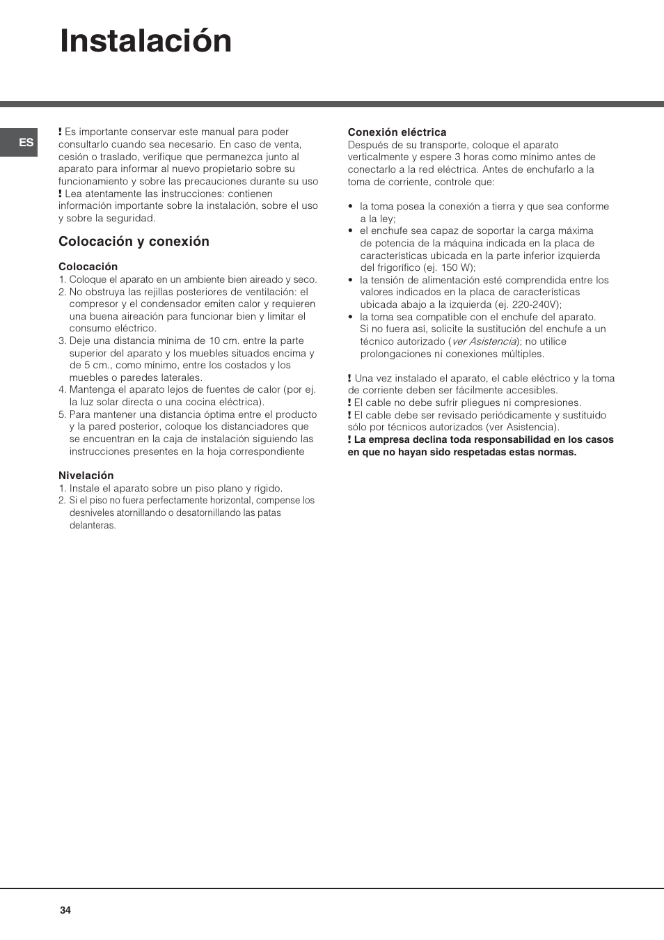 Instalación, Colocación y conexión | Hotpoint Ariston Doppia Porta NMTM 1927 FW-HA User Manual | Page 34 / 40