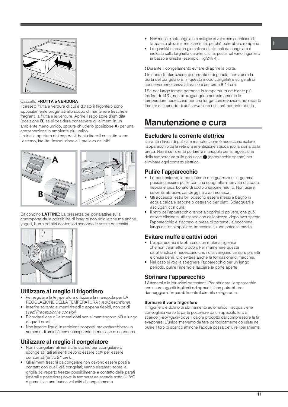 Manutenzione e cura, Utilizzare al meglio il frigorifero, Utilizzare al meglio il congelatore | Escludere la corrente elettrica, Pulire l’apparecchio, Evitare muffe e cattivi odori, Sbrinare l’apparecchio | Hotpoint Ariston Doppia Porta BDC M45 AA V IX User Manual | Page 11 / 40
