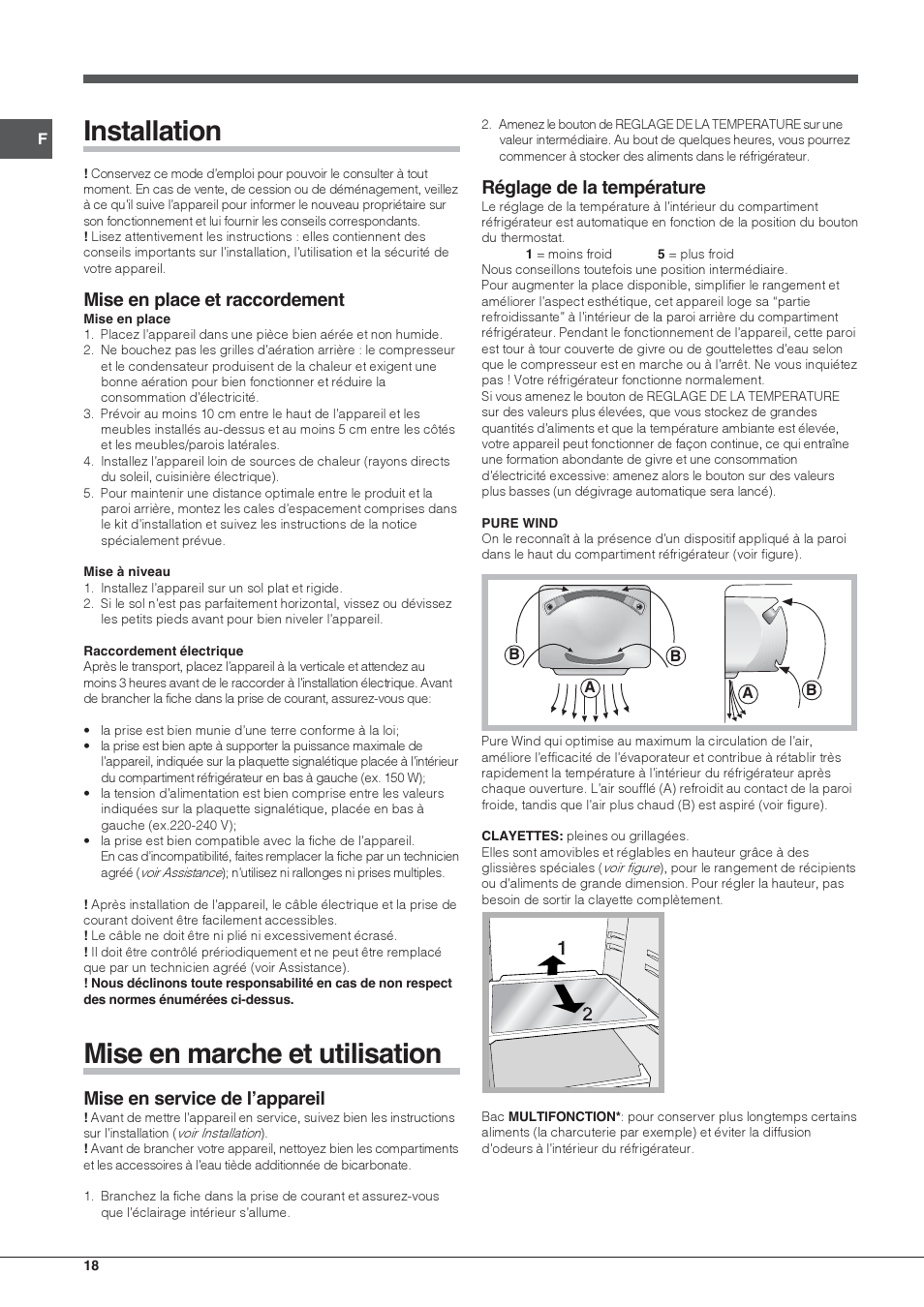 Installation, Mise en marche et utilisation, Mise en place et raccordement | Mise en service de l’appareil, Réglage de la température | Hotpoint Ariston Doppia Porta BDC M45 AA V IX User Manual | Page 18 / 40