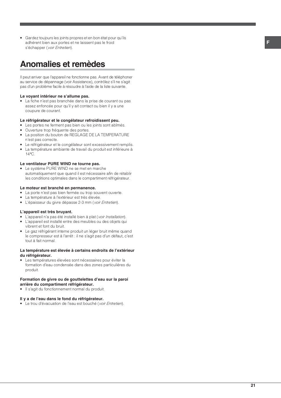 Anomalies et remèdes | Hotpoint Ariston Doppia Porta BDC M45 AA V IX User Manual | Page 21 / 40