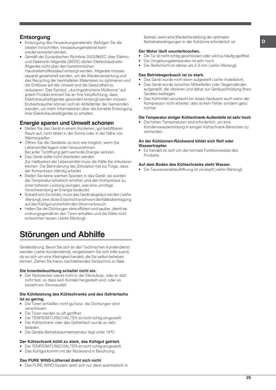 Störungen und abhilfe, Entsorgung, Energie sparen und umwelt schonen | Hotpoint Ariston Doppia Porta BDC M45 AA V IX User Manual | Page 25 / 40