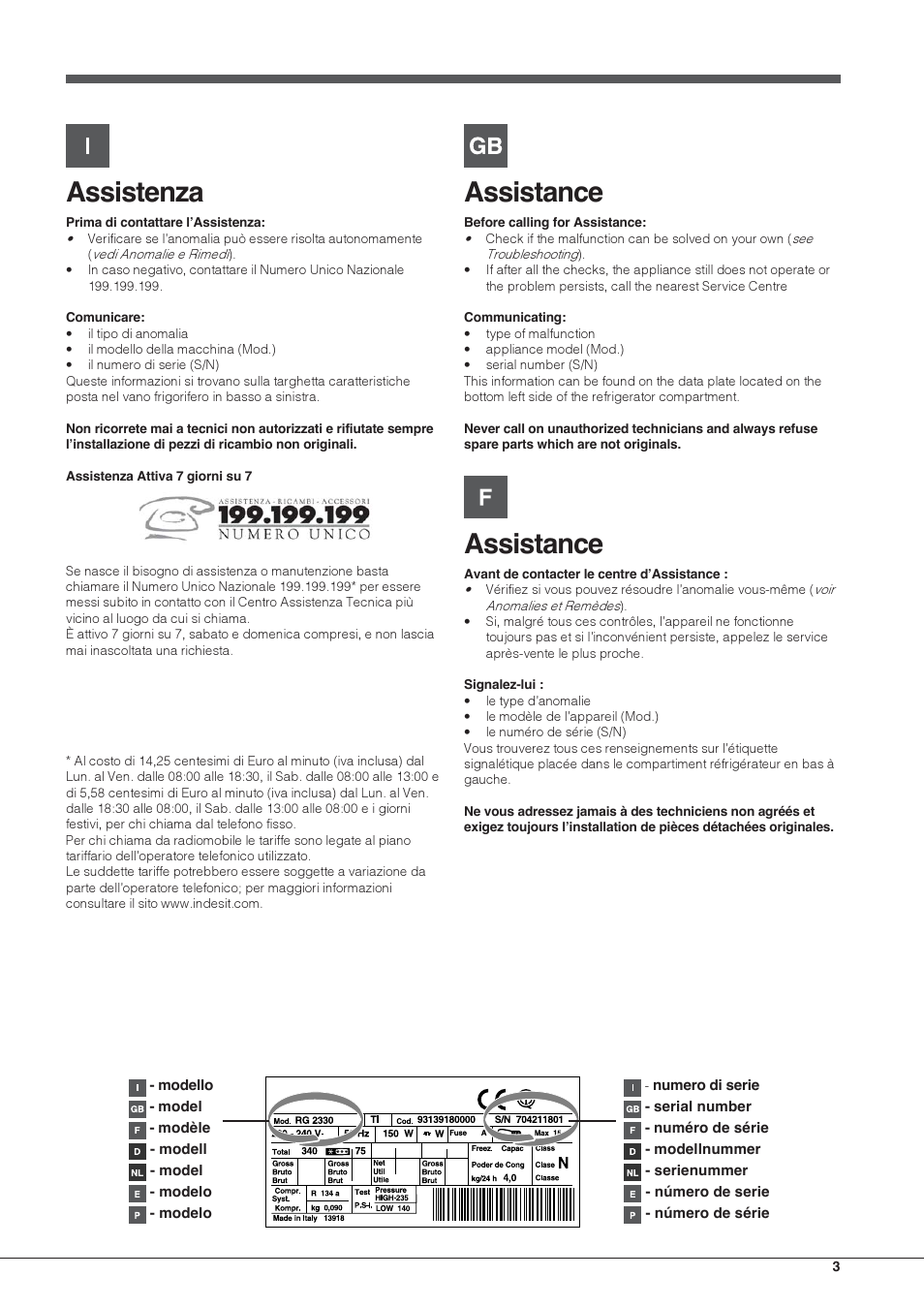 Assistenza, Assistance | Hotpoint Ariston Doppia Porta BDC M45 AA V IX User Manual | Page 3 / 40