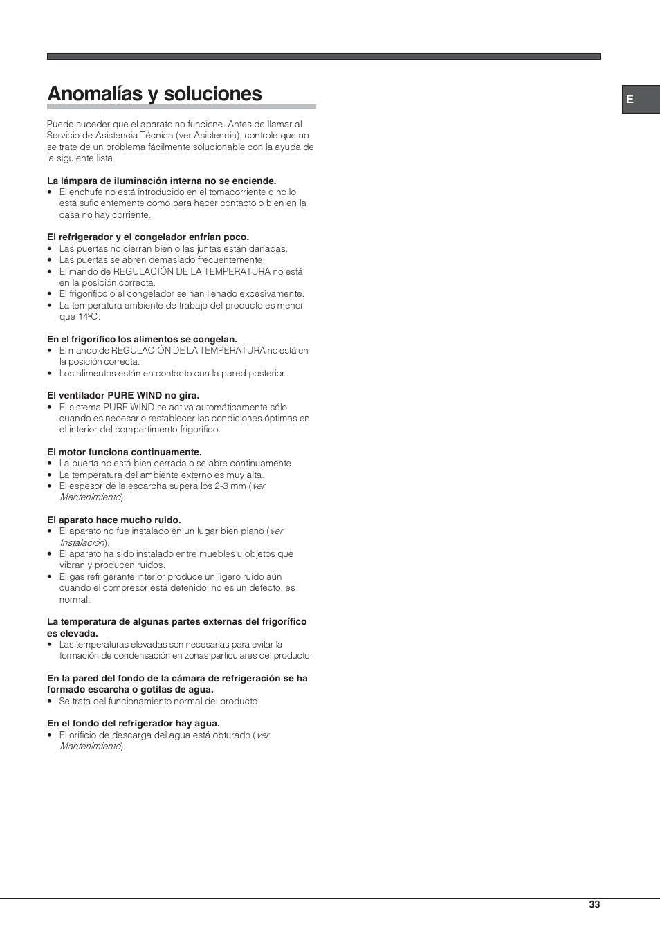 Anomalías y soluciones | Hotpoint Ariston Doppia Porta BDC M45 AA V IX User Manual | Page 33 / 40