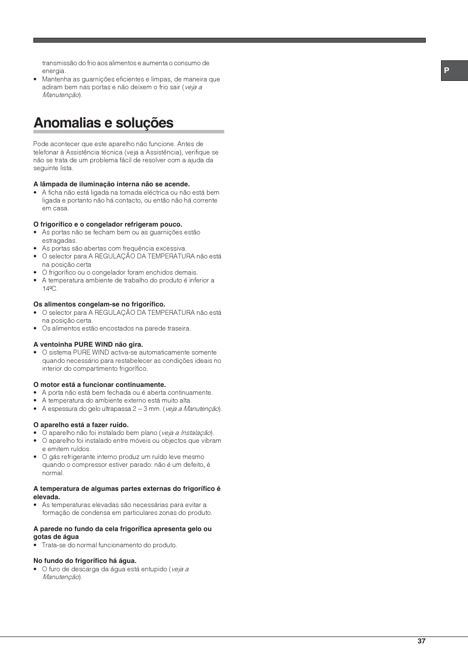 Anomalias e soluções | Hotpoint Ariston Doppia Porta BDC M45 AA V IX User Manual | Page 37 / 40