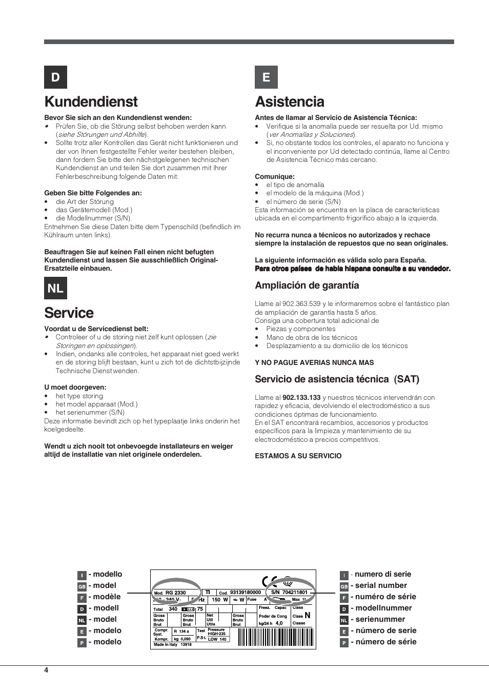 Kundendienst, Service, Asistencia | Ampliación de garantía, Servicio de asistencia técnica (sat) | Hotpoint Ariston Doppia Porta BDC M45 AA V IX User Manual | Page 4 / 40