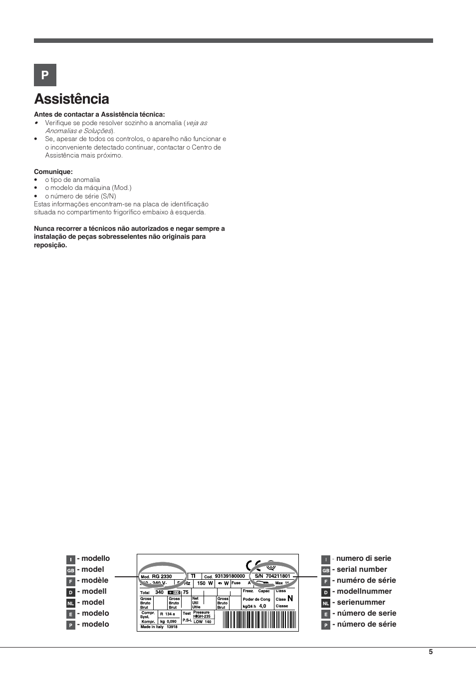 Assistência | Hotpoint Ariston Doppia Porta BDC M45 AA V IX User Manual | Page 5 / 40