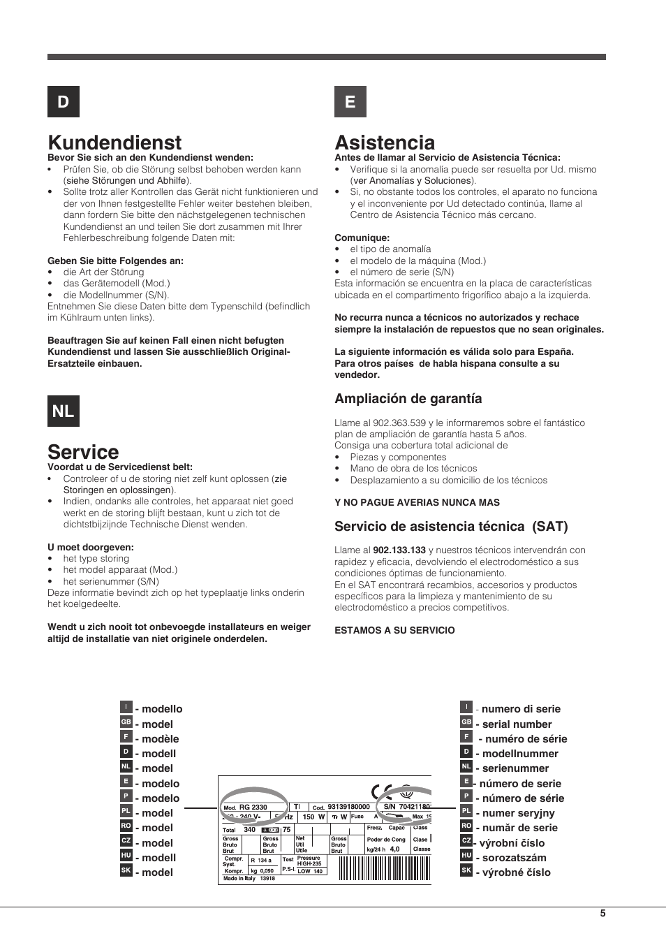 Kundendienst, Service, Asistencia | Ampliación de garantía, Servicio de asistencia técnica (sat) | Hotpoint Ariston SBM 18 series User Manual | Page 5 / 64