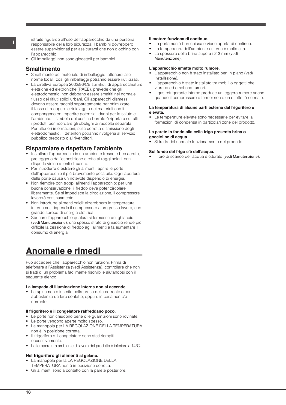 Anomalie e rimedi, Smaltimento, Risparmiare e rispettare l’ambiente | Hotpoint Ariston Doppia Porta ETM 17321 V O3 User Manual | Page 18 / 62