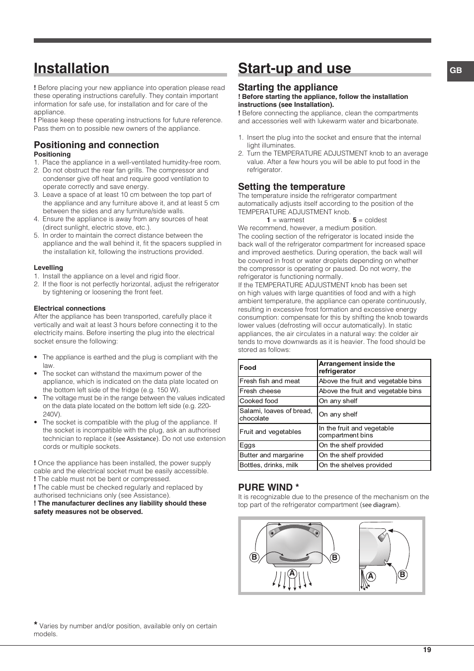 Installation, Start-up and use, Positioning and connection | Starting the appliance, Setting the temperature, Pure wind | Hotpoint Ariston Doppia Porta ETM 17321 V O3 User Manual | Page 19 / 62