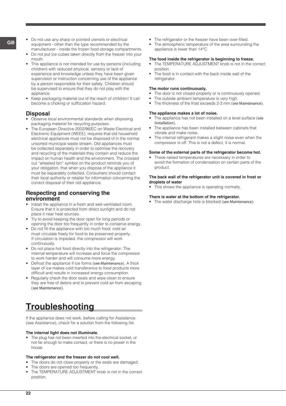 Troubleshooting, Disposal, Respecting and conserving the environment | Hotpoint Ariston Doppia Porta ETM 17321 V O3 User Manual | Page 22 / 62
