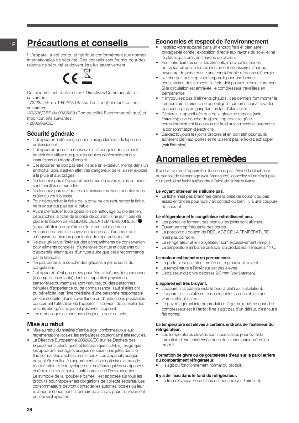 Précautions et conseils, Anomalies et remèdes, Sécurité générale | Mise au rebut, Economies et respect de l’environnement | Hotpoint Ariston Doppia Porta ETM 17321 V O3 User Manual | Page 26 / 62