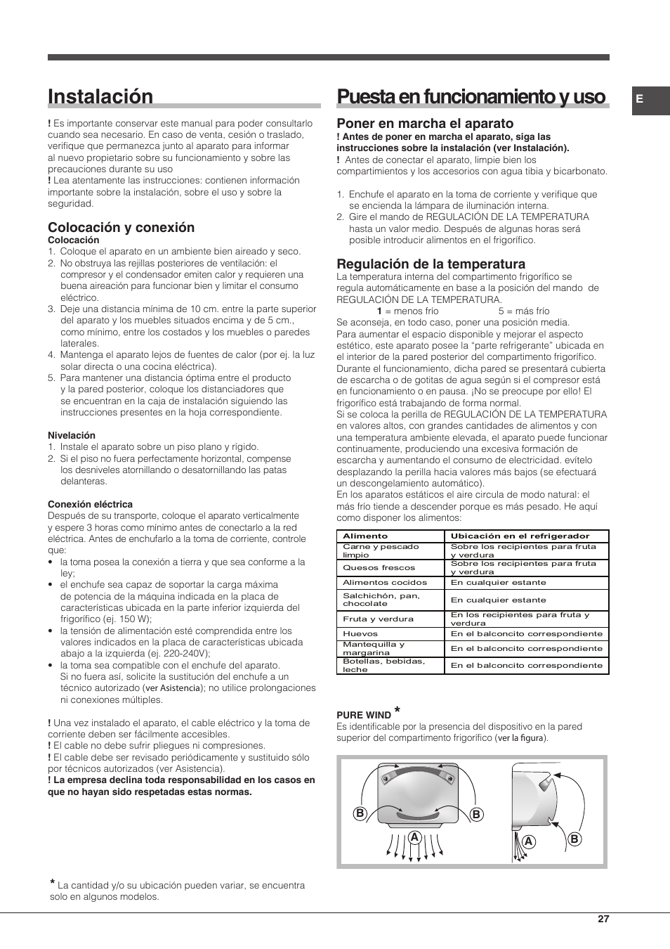 Instalación, Puesta en funcionamiento y uso, Colocación y conexión | Poner en marcha el aparato, Regulación de la temperatura | Hotpoint Ariston Doppia Porta ETM 17321 V O3 User Manual | Page 27 / 62