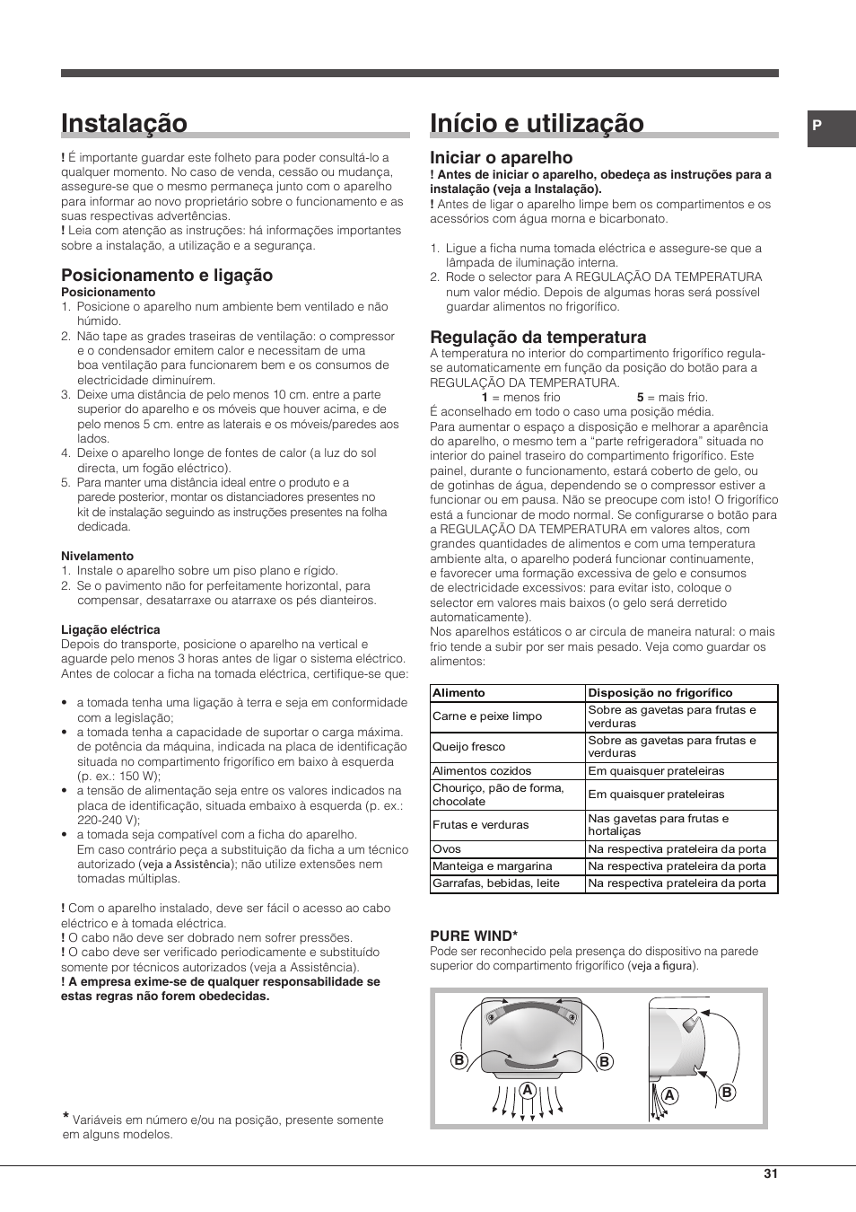 Instalação, Início e utilização, Posicionamento e ligação | Iniciar o aparelho, Regulação da temperatura | Hotpoint Ariston Doppia Porta ETM 17321 V O3 User Manual | Page 31 / 62