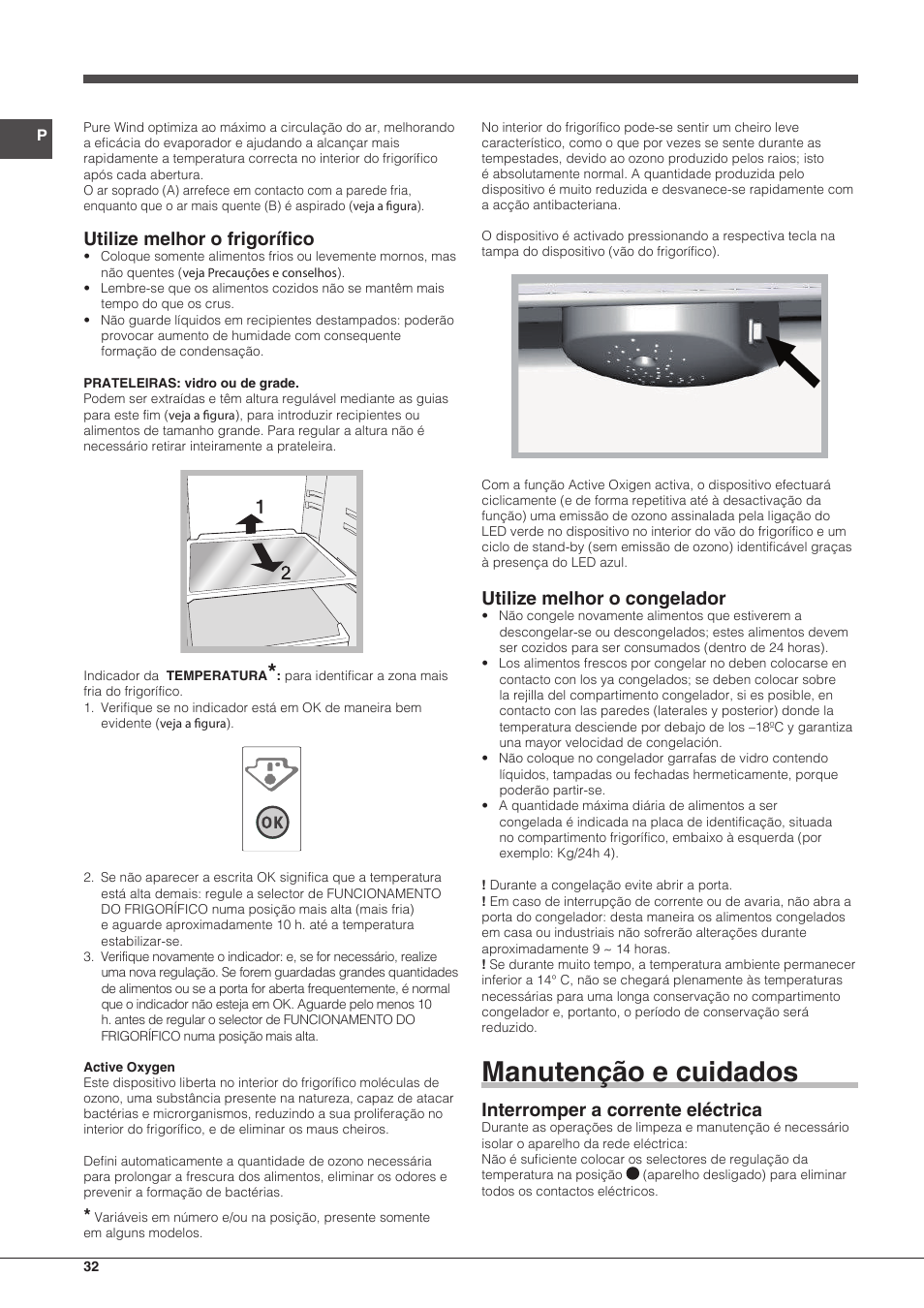 Manutenção e cuidados, Utilize melhor o frigorífico, Utilize melhor o congelador | Interromper a corrente eléctrica | Hotpoint Ariston Doppia Porta ETM 17321 V O3 User Manual | Page 32 / 62