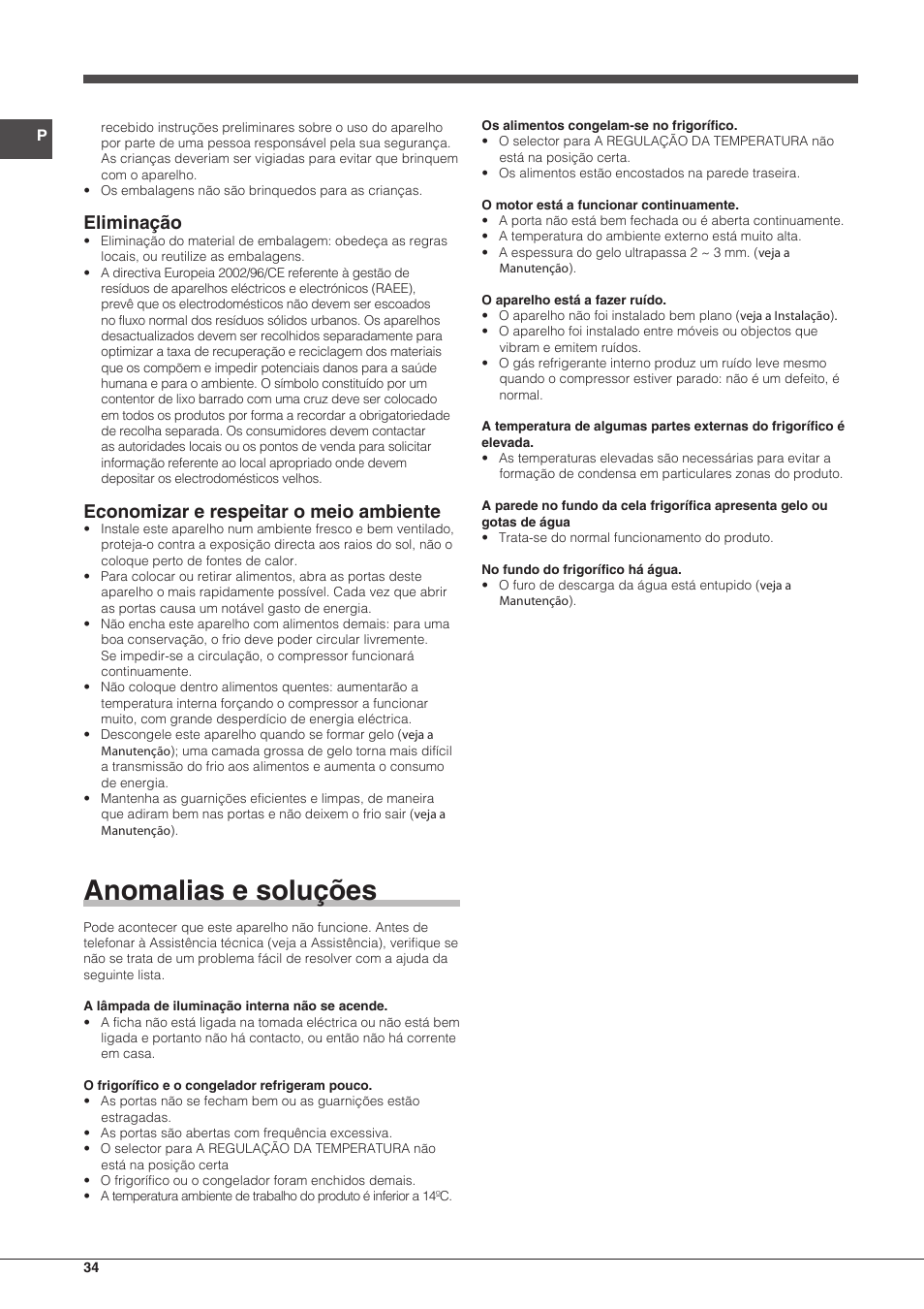 Anomalias e soluções, Eliminação, Economizar e respeitar o meio ambiente | Hotpoint Ariston Doppia Porta ETM 17321 V O3 User Manual | Page 34 / 62