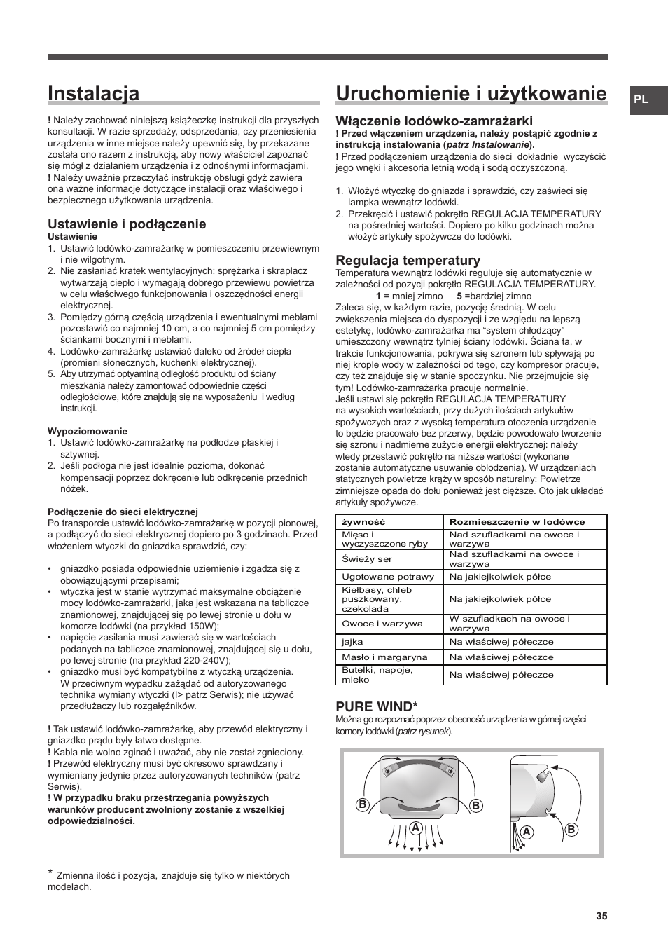 Instalacja, Uruchomienie i użytkowanie, Ustawienie i podłączenie | Włączenie lodówko-zamrażarki, Regulacja temperatury, Pure wind | Hotpoint Ariston Doppia Porta ETM 17321 V O3 User Manual | Page 35 / 62