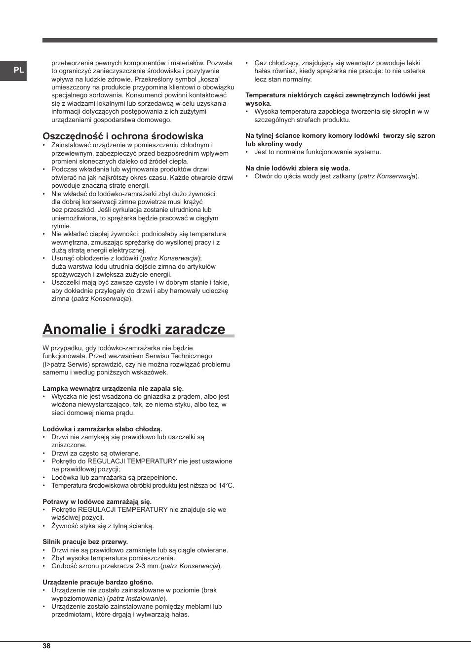 Anomalie i środki zaradcze, Oszczędność i ochrona środowiska | Hotpoint Ariston Doppia Porta ETM 17321 V O3 User Manual | Page 38 / 62