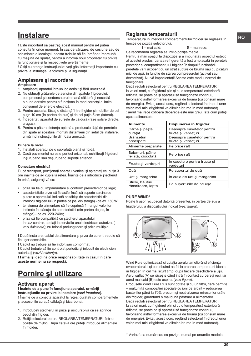 Instalare, Pornire şi utilizare, Amplasare şi racordare | Activare aparat, Reglarea temperaturii | Hotpoint Ariston Doppia Porta ETM 17321 V O3 User Manual | Page 39 / 62