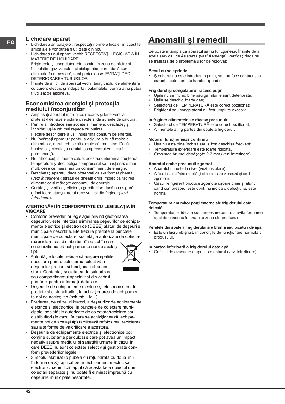 Anomalii şi remedii, Lichidare aparat | Hotpoint Ariston Doppia Porta ETM 17321 V O3 User Manual | Page 42 / 62