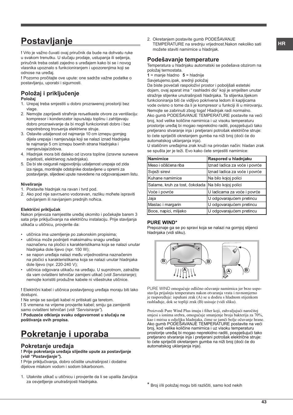 Postavljanje, Pokretanje i uporaba, Položaj i priključenje | Pokretanje uređaja, Podešavanje temperature | Hotpoint Ariston Doppia Porta ETM 17321 V O3 User Manual | Page 43 / 62