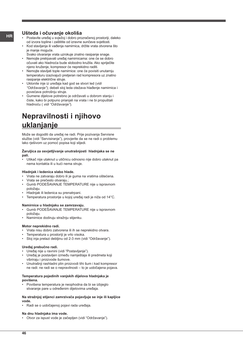 Nepravilnosti i njihovo uklanjanje, Ušteda i očuvanje okoliša | Hotpoint Ariston Doppia Porta ETM 17321 V O3 User Manual | Page 46 / 62