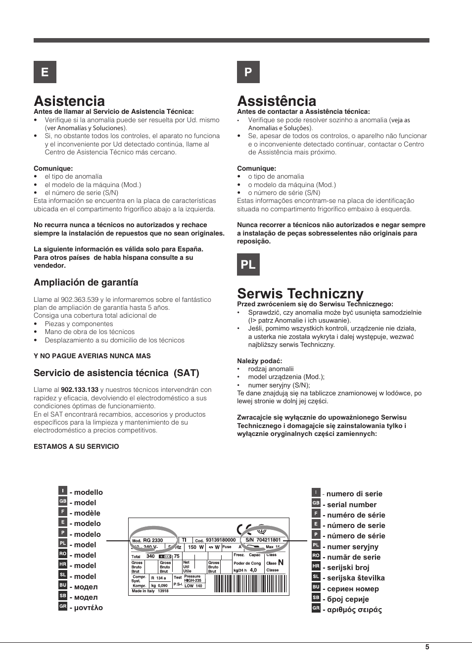 Asistencia, Assistência, Serwis techniczny | Ampliación de garantía, Servicio de asistencia técnica (sat) | Hotpoint Ariston Doppia Porta ETM 17321 V O3 User Manual | Page 5 / 62