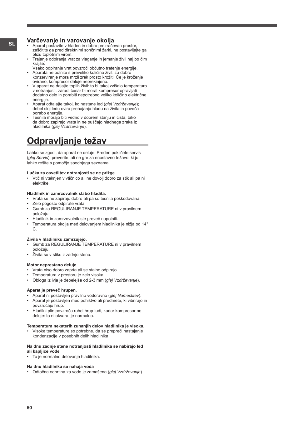 Odpravljanje težav, Varčevanje in varovanje okolja | Hotpoint Ariston Doppia Porta ETM 17321 V O3 User Manual | Page 50 / 62