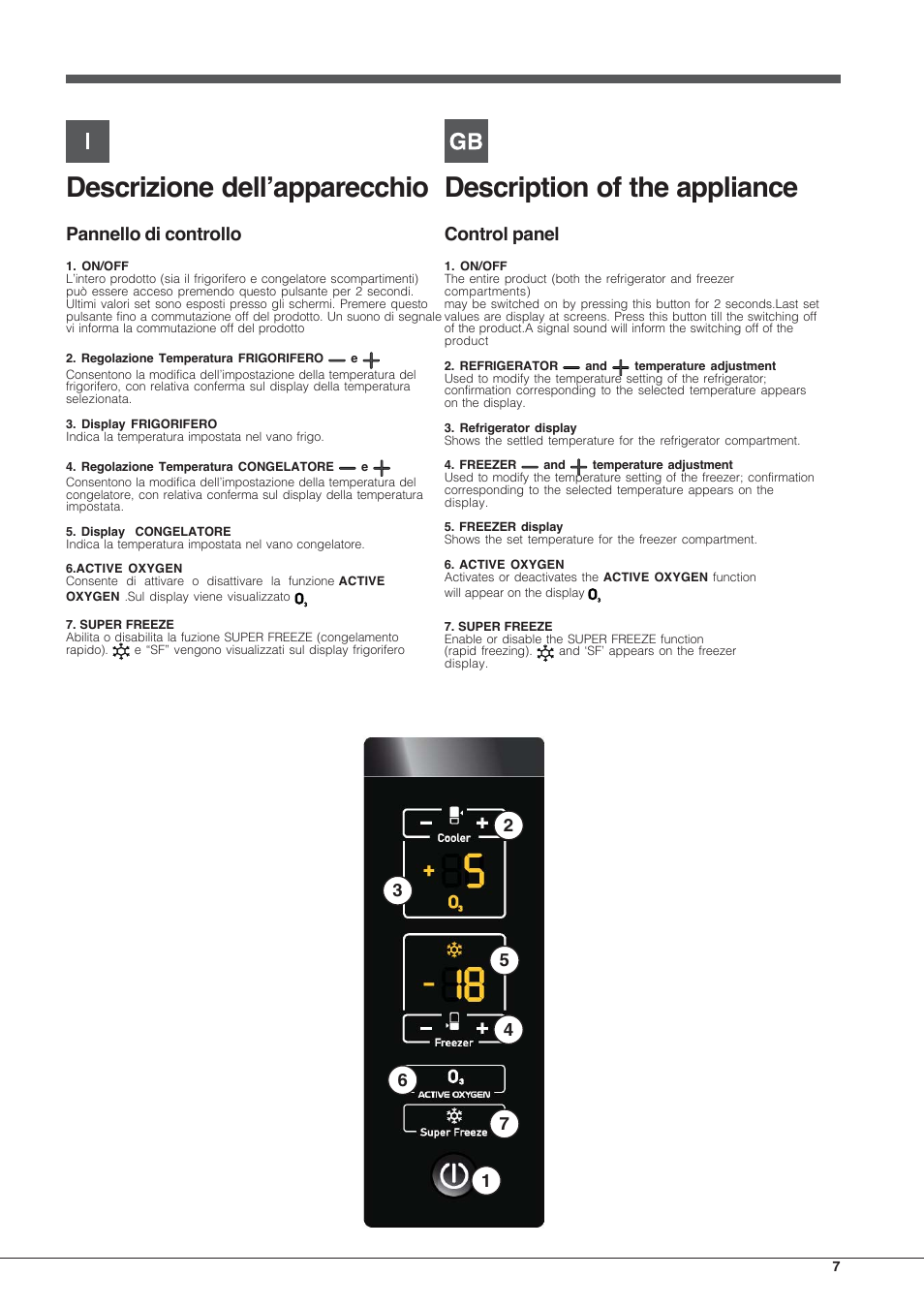 Descrizione dell’apparecchio, Description of the appliance, Pannello di controllo | Control panel | Hotpoint Ariston EBYH 18223 03 F User Manual | Page 7 / 64