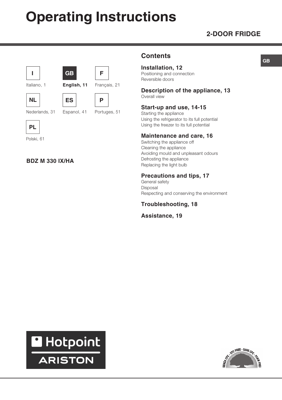 Operating instructions, Door fridge contents | Hotpoint Ariston Doppia Porta BDZ M 330 IX-HA User Manual | Page 11 / 72
