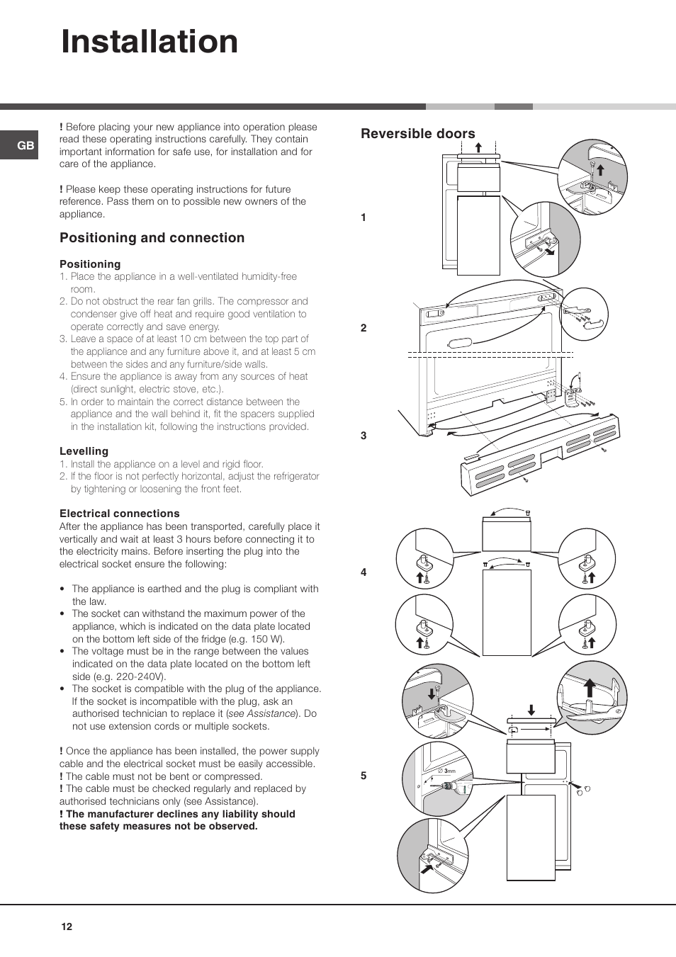 Installation, Reversible doors, Positioning and connection | Hotpoint Ariston Doppia Porta BDZ M 330 IX-HA User Manual | Page 12 / 72