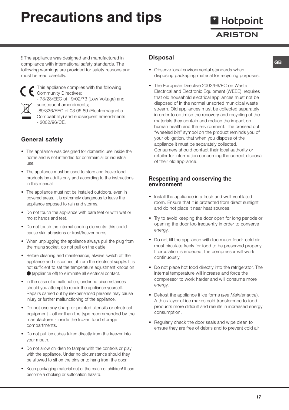 Precautions and tips, General safety, Disposal | Respecting and conserving the environment | Hotpoint Ariston Doppia Porta BDZ M 330 IX-HA User Manual | Page 17 / 72
