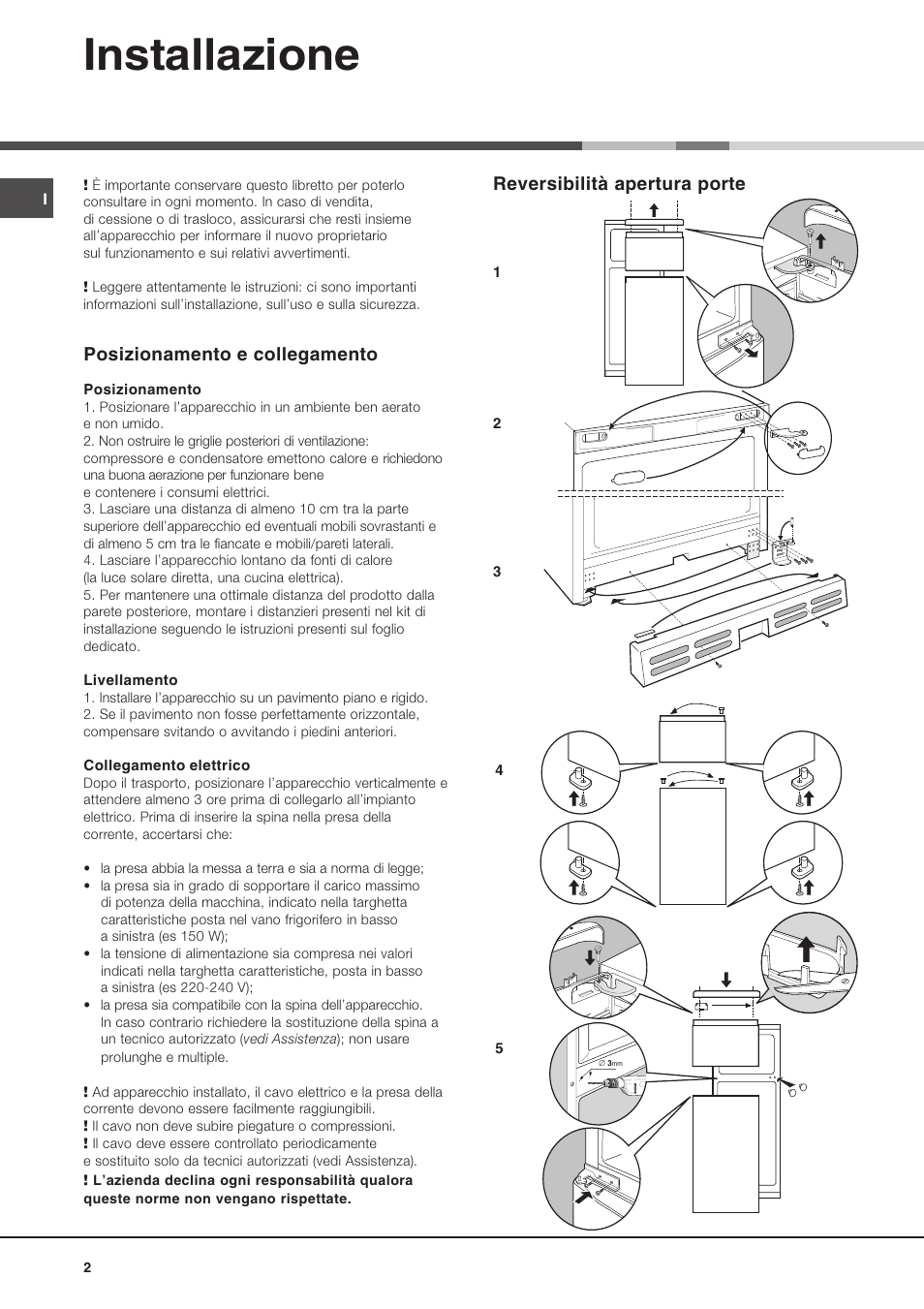 Installazione, Reversibilità apertura porte, Posizionamento e collegamento | Hotpoint Ariston Doppia Porta BDZ M 330 IX-HA User Manual | Page 2 / 72