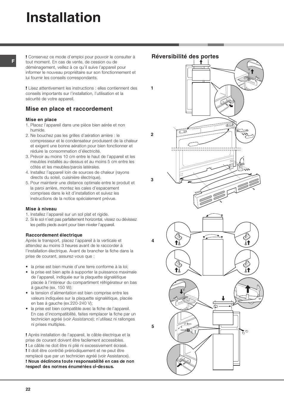 Installation, Mise en place et raccordement, Réversibilité des portes | Hotpoint Ariston Doppia Porta BDZ M 330 IX-HA User Manual | Page 22 / 72