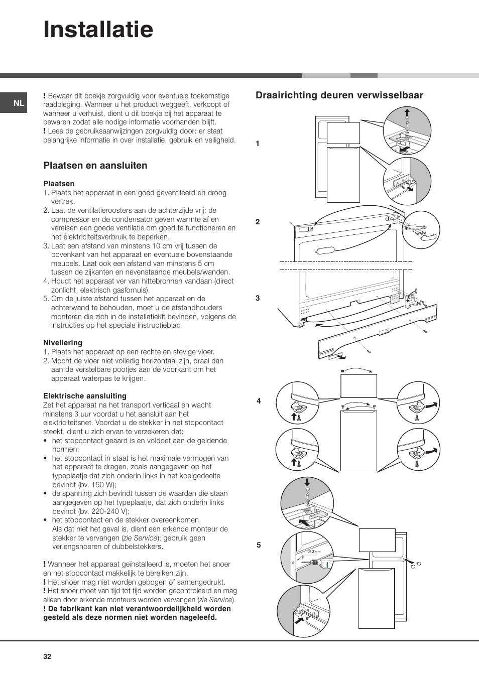 Installatie, Plaatsen en aansluiten, Draairichting deuren verwisselbaar | Hotpoint Ariston Doppia Porta BDZ M 330 IX-HA User Manual | Page 32 / 72
